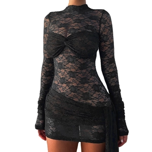 Elegant black long sleeve lace bodycon dress with crisscross detail and asymmetrical ruching