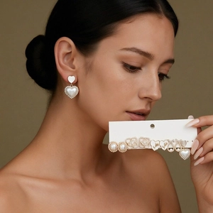 Ten-piece set of vintage geometric flower stud earrings with faux pearls and crystals