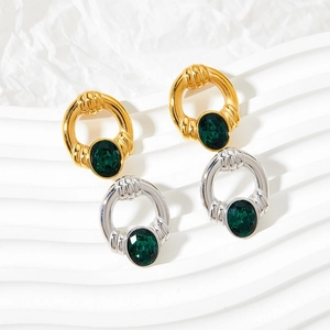 Boucles d'oreilles créoles dorées et argentées avec pierres d'obsidienne vertes