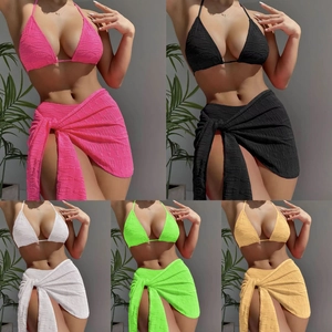 Women Textured Jacquard Halter Bikini Top Briefs And Matching Sarong Tie Skirt Beachwear Swimwear Sexy Vacation