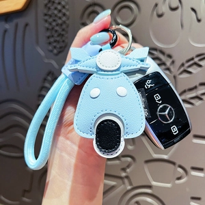 Creative light blue leather motorcycle keychain with braided wrist strap and metal ring