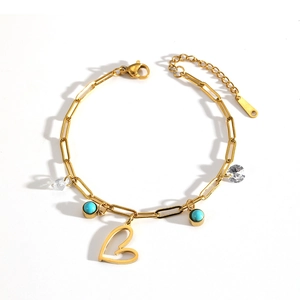 Golden paperclip chain bracelet with hollow heart charm, turquoise beads and zircons