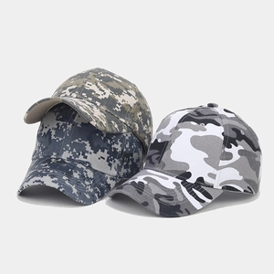 Three camouflage baseball caps in digital green, blue and classic grey for outdoor wear