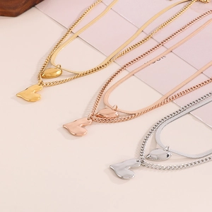 Double-layer stainless steel heart pendant necklace in gold, rose gold and silver finish
