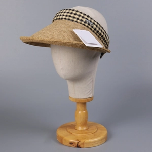 Women's straw top visor hat with checkered trim and wide brim for sun protection