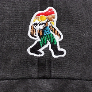 Fitted dark gray washed cotton baseball cap with colorful Bigfoot mountain embroidery