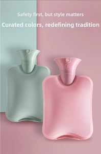 Detail of pink and green hot water bottles with anti-slip texture and screw cap design
