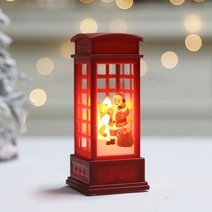 Red retro Christmas telephone booth lamp with LED light and Santa Claus scene