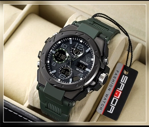 Dettaglio dell'orologio sportivo SANDA con cinturino verde e doppio display in confezione