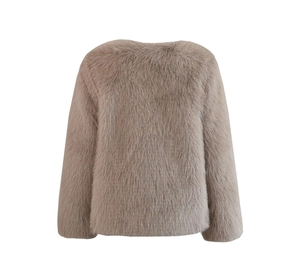 Detail of soft faux fur texture on a light brown short jacket with round collar