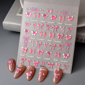 5D Embossed Nail Art Stickers Pink Bow Ribbon Designs Rhinestone Self Adhesive Decorative Manicure Decals For Women