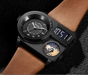 Macro view of Oulm multi-timezone watch with digital display and brown leather strap