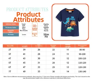 Detailed size chart and specifications for children's dinosaur print cotton t-shirt