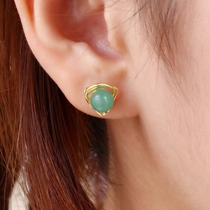Elegant S925 silver stud earrings with green aventurine stone and gold wire detailing