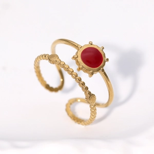 Adjustable gold plated stainless steel ring set with red enamel round center stone