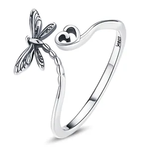 Vintage 925 Sterling Silver Dragonfly Heart Open Ring Adjustable Women Jewelry Animal Heart Shape Ring Daily Jewelry