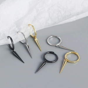 Punk style S925 silver cone drop hoop earrings in black, silver, and gold finishes