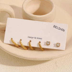 6-piece 18k gold plated stainless steel earring set featuring twisted hoops and CZ studs