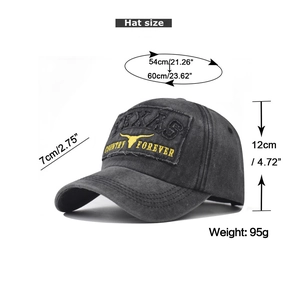 Detailed size chart for distressed washed cotton baseball cap with bull embroidery