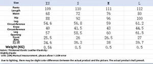 Detailed size chart for faux leather flared pants showing measurements in CM from XS to L