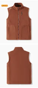 Detailed front and back view of brown polar fleece vest with zipper pockets and logo