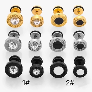 Hip hop stainless steel stud earrings with greek key patterns and zircon stones