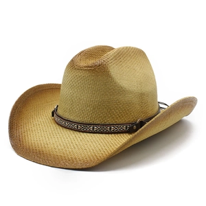 Classic straw western cowboy hat with ethnic leather band and wide curved brim