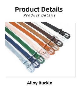 Detail showing various colors of slim PU leather belts with matching alloy buckles