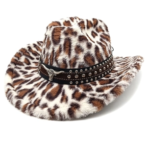 Leopard print faux fur cowboy hat with metal longhorn and studded leather band