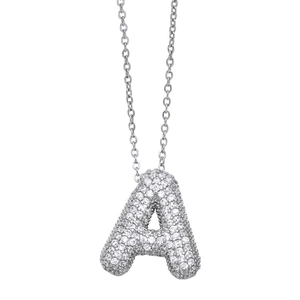 Silver letter A pendant necklace with sparkling cubic zirconia on a minimalist chain