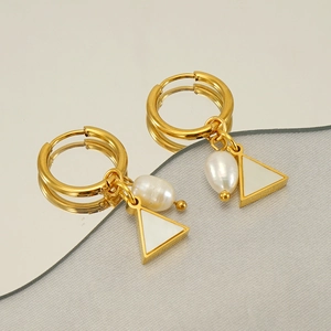 Golden stainless steel triangle earrings with pearl charms and white shell inlay accents
