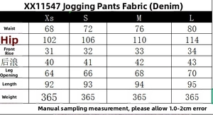 Detailed size chart with measurements for loose denim jogger pants for women