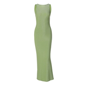 Detail showing the glossy pearlescent fabric and slim fit cut of the green maxi dress