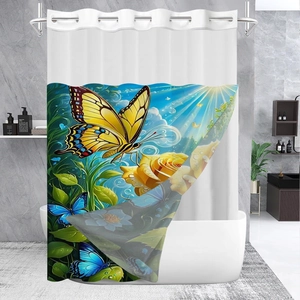 Detail of waffle weave shower curtain showing yellow butterfly and rose patterns on fabric