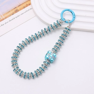 Luxury blue rhinestone beaded phone chain and keychain with crystal cube and spring ring