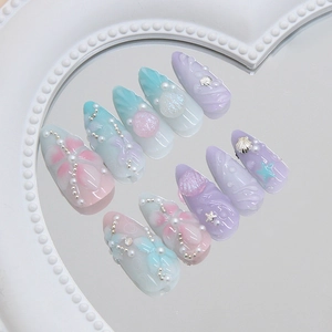 3D floral seashell ocean theme press-on nails with pearls and purple gradient