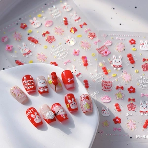 3D Embossed Nail Art Stickers Relief Self Adhesive Rabbit Year Chinese New Year Festive Red Gold Cartoon Flowers For Manicure