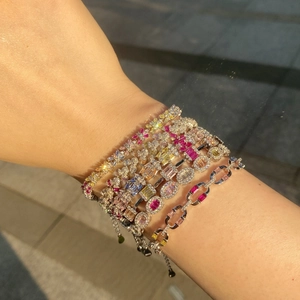 S925 sterling silver bracelet with colorful cubic zirconia stones worn by a model