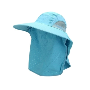 Outdoor sun hat in sky blue with neck flap, breathable mesh and wide brim