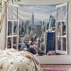 Modern 3D window view wall tapestry featuring a New York city skyline for bedroom decor