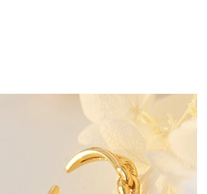 Macro shot of gold snake chain with zircon letter pendant and soft floral background