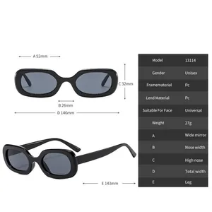 Detailed size chart for retro oval sunglasses showing dimensions and PC frame specifications