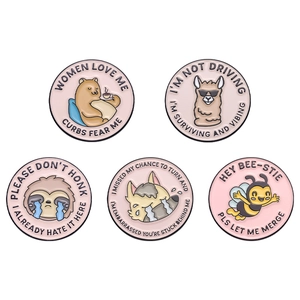 Set of 5 cartoon animal enamel pins featuring funny social anxiety slogans on pink background