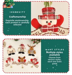 Detail of fabric Christmas ornaments with wooden signs and metal bells for tree decoration