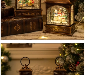 Detail of vintage Christmas lantern with snowman and warm LED lighting on snowy background