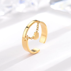 Gold open ring with heart chain pendant minimalist stainless steel jewelry for women