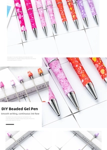 Detail of DIY beadable pens featuring heart prints and metal rod for custom beads