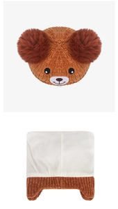 Detail view of winter baby knit hat with bear design and plush fleece neck warmer