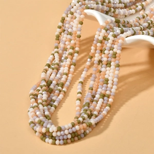 Detail view of 3mm faceted colorful rondelle beads on a multi-strand necklace display