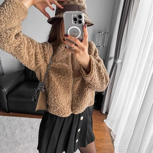 Giacca In Pile Donna Sherpa Zip Cappotto Corto Cammello Maniche Lunghe Casual Girocollo